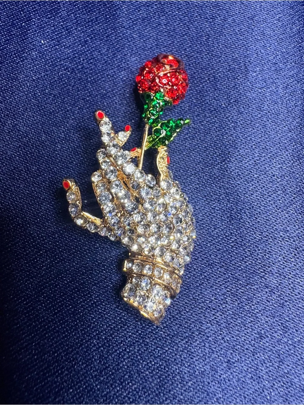 Brooch Crystal Lady Hand & Rose  - Rhinestone Gold Tone Red Green Accents Pin